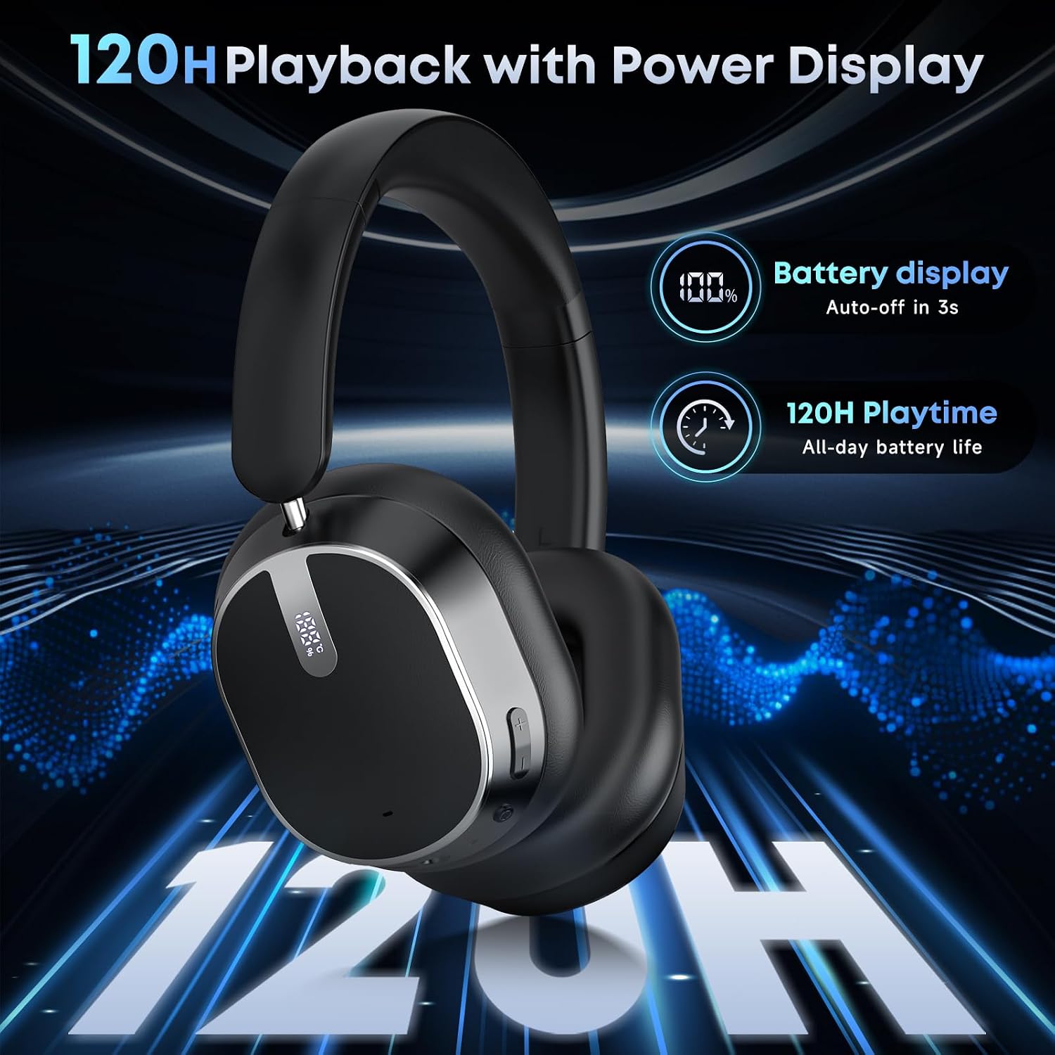 Hybrid Active Noise Cancelling Bluetooth Headphones Wireless Headphones | Over Ear, 120H Playtime, Hi-Res Audio, Deep Bass, Memory Foam Ear Cups for Home Office Travel Black - Image 4
