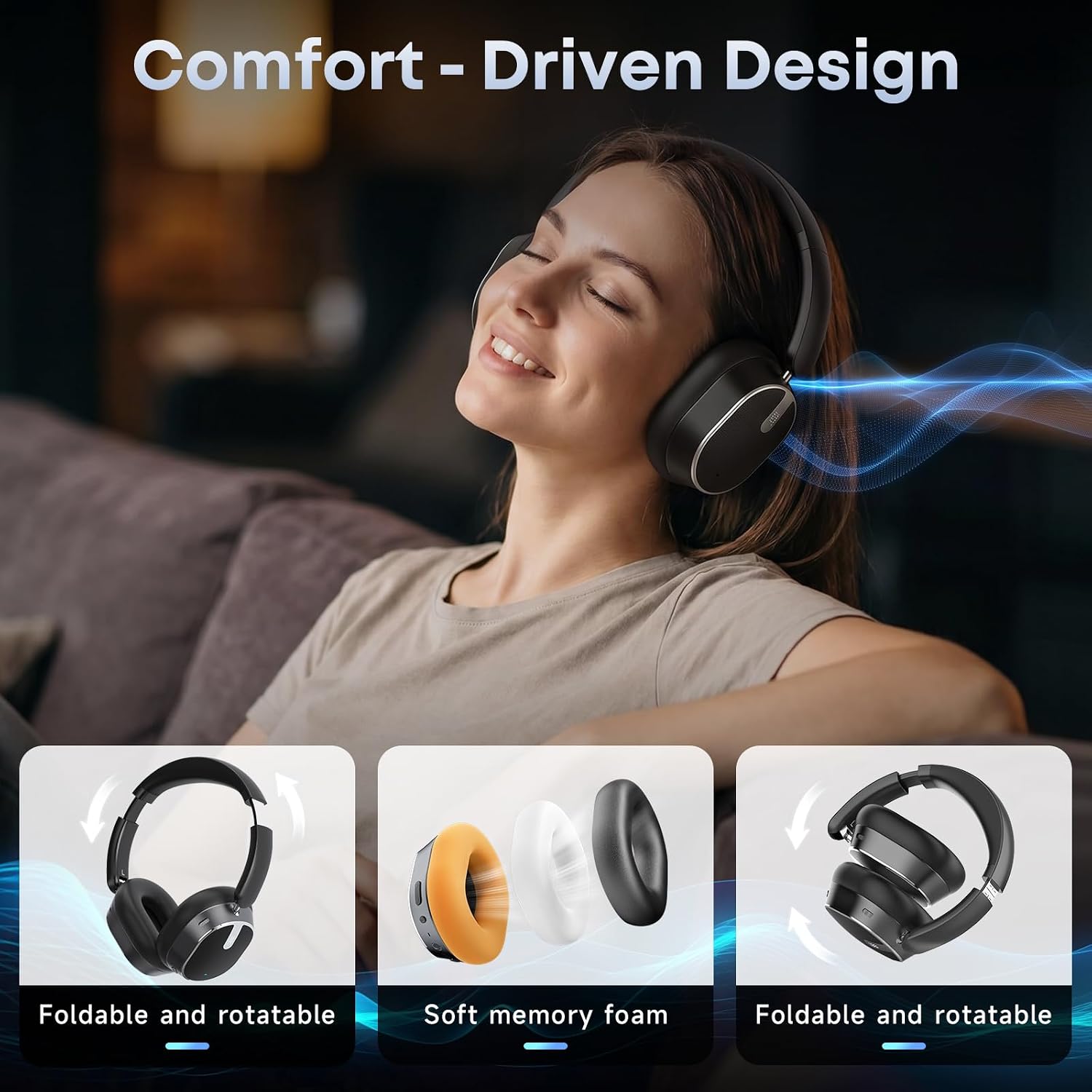 Hybrid Active Noise Cancelling Bluetooth Headphones Wireless Headphones | Over Ear, 120H Playtime, Hi-Res Audio, Deep Bass, Memory Foam Ear Cups for Home Office Travel Black - Image 7